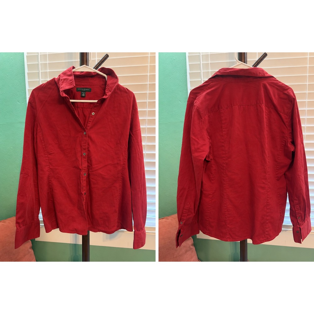 Banana Republic Womens XL Red Fitted Stretch Cotton Button Down Shirt